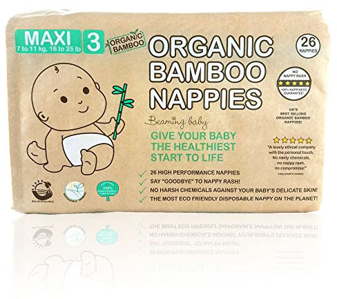 Beaming Baby Couches en bambou bio taille 3, maxi, 1 paquet de 26 couches écologiques en bambou pour votre beau bébé de 3 à 9 mois