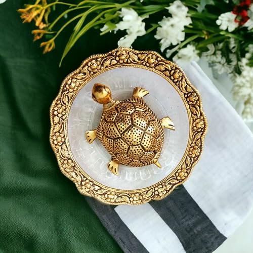 SAUDEEP INDIA Vastu Feng Shui Metall Schildkröte Schildkröte mit Platte für Glück Feng Shui Schildkröte Gold