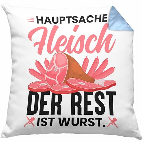 Trendation Fleischer Metzger Kissen mit Füllung 40x40 Geschenk Hauptsache Fleisch Der Rest Ist Wurst Geschenkidee (Blau)