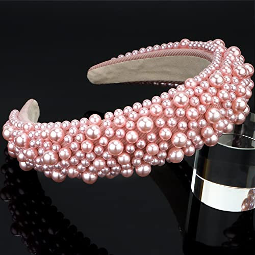 Hapdoo Cerchietto per capelli con perle rosa da donna, ampio e imbottito, con perle finte per sposa, accessori per capelli per donne e ragazze