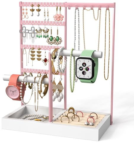 ADWOLT Porte-bijoux rose,Présentoir à bijoux,Tour de bijouterie à 4 niveaux Porte-bague Collier Présentoir avec plateau pour boucles d'oreilles Porte-colliers suspendu