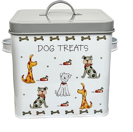 Darthome Dog Treats Tin 22cm Grey Lid Metal Square Cute Puppy Crew Pet Food Storage Container