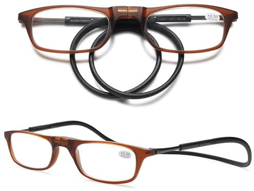 VEVESMUNDO Magnetische Lesebrillen um den Hals Klemmen Leicht Magnetverschluss Damen Herren Lesehilfe Brillen mit magnet (1 Stück Braun&Schwarz, +3.0)