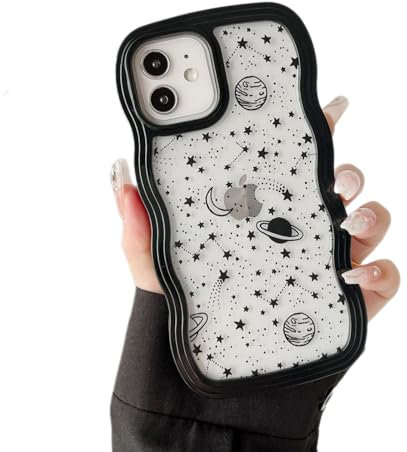 ZTOFERA Wavy Case for iPhone 11 (6.1), Cute Clear Protective Case with Planet Star Moon Pattern, Hard PC Colored Wave Frame Soft Silicone Bumper Shockproof Cover for Girls Women, Black