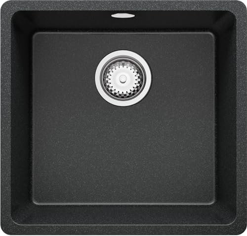 PRIMAGRAN Fregadero bajo Encimera Grafito 46x44cm, Cocina 1 Seno + Sifón, Granito al mueble 50cm - Venecia Easy S003