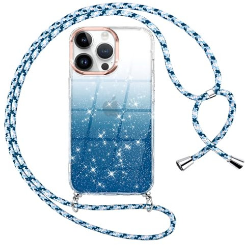 Oelrstfe Funda Glitter para iPhone 13 Pro MAX con Cuerda Carcasa Transparente Silicona con Correa Cordón Colgante Collar Ajustable Antigolpes Cuello Cadena Purpurina Degradado Protectora Case,Azul