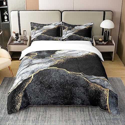 Loussiesd Schwarz und Gold Marmor Bettwäsche Abstrakte Goldene Risse Linien 100% Baumwolle Bettwäsche Set 135x200cm Helle Schlafzimmer Dekor Grau Weiß Marmor Textur Moderne Luxus Bettbezug Set
