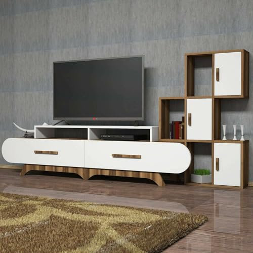 Dmora Wohnwand Zephyria, Wohnzimmermöbel, Mehrzweck-Wohnzimmermöbel, TV-Schrank, 205 x 37 x 50 cm, Walnuss und Weiß