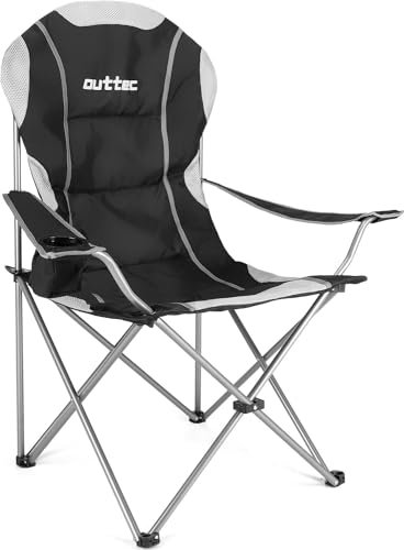 Outtec Campingstuhl Faltbar bis 130kg, Strandstuhl mit Hochlehner Rückenlehne, Camping Stuhl mit Getränkehalter und Tragetasche, Klappstuhl Campingsessel, Angelstuhl, Camping Zubehör, Angelzubehör