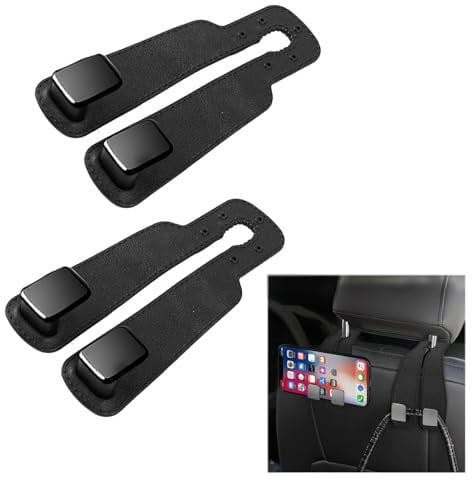 Car Seat Hooks, 2 Pcs Car Seat Back Storage Hook Full Leather Car Seat Hooks for Headrest Hang Cups, Car Hooks for Headrest Car Seat Hooks Purse Hook for Bags, Purses, Handbags (Black)