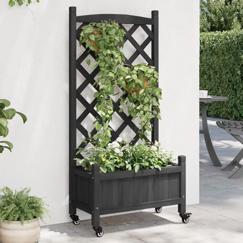 Sufrk Jardinière avec Treillis et Roues Noir Bois Massif de Sapin Jardiniere sur Pieds,Bac avec Treillis,Jardiniere Terrasse
