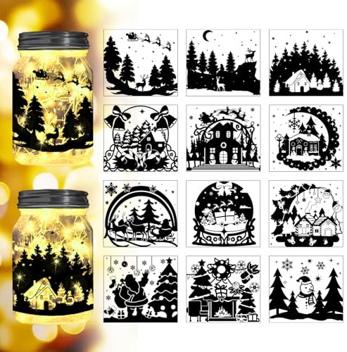 Peacoblue Christmas Scene Decor Silhouette Cutouts for Jars Mason Can Glass Wishing Bottle Decor(No Stickers), 12Pcs Reusable Silhouette for Lantern DIY Craft Kit Jar Decals Art Mural Home Garden