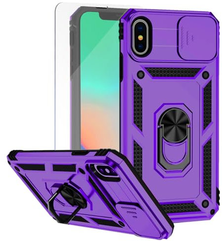 Teayoha for iPhone Xs Max Phone Case, with Screen Protectors and Camera Cover, Military Grade Shockproof Cover with Magnetic Rotatable Ring Kickstand Protective Case for iPhone Xs Max,Purple
