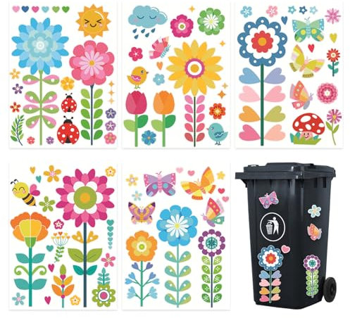 Sxutop 10 Sheets Wheelie Bin Flower Stickers Flower Dustbin Sticker Self Adhesive Wheelie Bin Stickers Butterfly Hummingbird Insect Pattern bin Decorative Sticker for Bins Fridge Doors Wall
