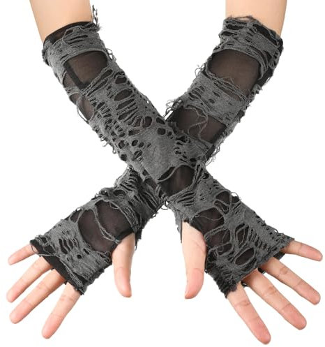 Jadive 1 Paar Stulpen Arme Goth Damen Punk Strickhandschuhe Spinnennetz Rockige Handschuhe Damen Zerrissene Armstulpen Handschuhe mit Löchern Zerrissene Skelett Armstulpen für Karneval Thema Party
