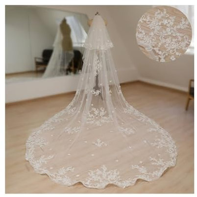 AHIOJEGX Brautschleier Brautschleier Weiß Elfenbein Zweischichtiger Blumen-Hochzeitsschleier Blumige Spitze Für Hochzeiten Partys Zeremonien(Ivory,300cm)