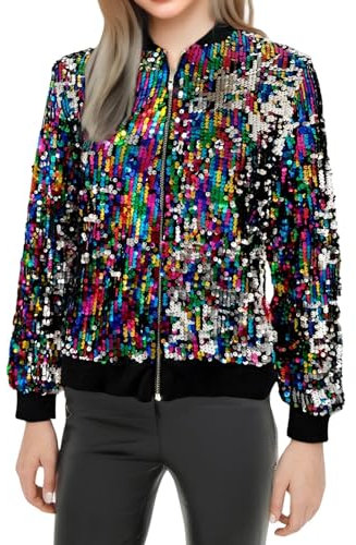 Baseball Jacke Damen Pailletten Stehkragen Reißverschluss Jacke Glitzer Langarm Bomberjacke Elegant Bikerjacke Übergangsjacke Blouson Jacken Pilotenjacke Bomber Jacket