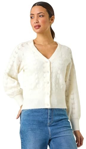 Roman Pointelle Detail Knit Cardigan for Women UK - Ladies Autumn Everyday Winter Holiday V-Neckline Comfy Long Sleeve Soft Button Up Jumper Office Desk Sweaters - Ivory - Size S