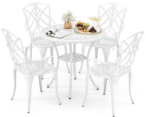 COSTWAY 5-TLG. Gartenmöbel Set aus Aluminiumguss, wetterfeste Terrassenmöbel inkl. 4 Stühle, 1 Tisch mit Schirmloch, Gartengarnitur für 4 Personen, Sitzgarnitur, Sitzgruppe für Garten, Terrasse, Weiß