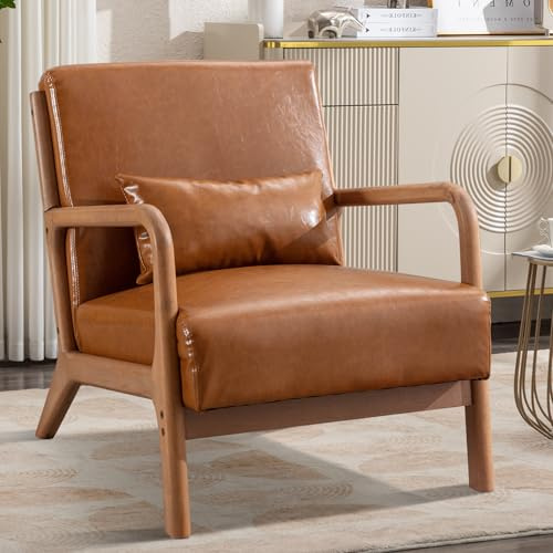 Living Room Armchair Modern Accent Chair, Lounge Single Sofa Reading Arm Chairs for Bedroom with Extra Thickened Seat Solid Wooden Frame (1, Brown)