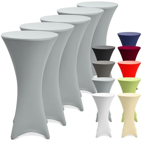 Beautissu 5er Set Stretch Stehtisch Hussen waschbar bügelfrei rutschfest | 80cm Silber mit Verstärkung im Fußbereich für Stehtische Stehtischhussen Tischhusse Tischdecke Bistrotisch Husse Bezug Stella