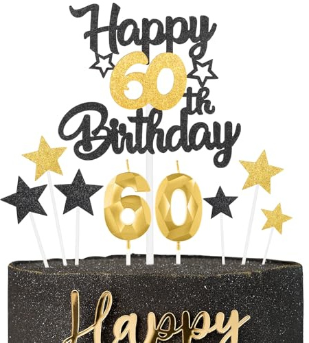 Black Gold Happy 60th Birthday Candles Cake Topper Set,Gold Number 60 Birthday Candles with Black Gold 60th Birthday Cake Toppers Star Cupcake Toppers for Men Women Birthday Anniversary Decorations