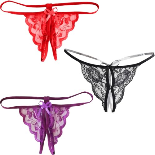 XYTAHDM 3 Stück String Tanga Damen Sexy Höschen Ouvertslip Spitze Unterwäsche Dessous mit Offener Schritt Slip Panty Hipster Soft Blumen Loch Unterhosen