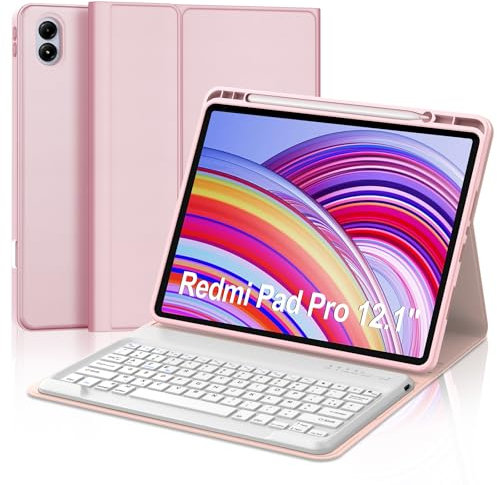 Coque Clavier pour Redmi Pad Pro/Xiaomi Poco Pad 12.1 Pouces, AZERTY Français Housse Clavier Bluetooth Magnétique Détachable avec Porte Crayon pour Redmi Pad Pro/Xiaomi Poco Pad 12.1 2024, Rose
