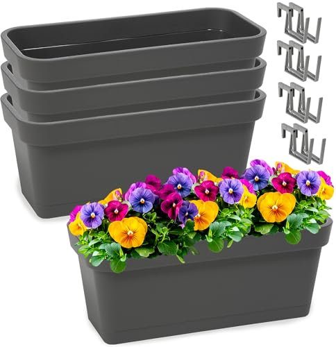 PECZEKO Blumenkasten-Set aus Kunststoff, Pflanzkasten für Blumen und Kräuter, Widerstandsfähiger Balkontopf, Pflanzkübel für Balkon 4 Pack Anthrazit, ø 40 cm