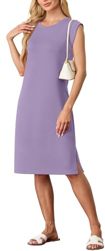 GRECERELLE Vestido midi de verano para mujer, estilo casual, cuello redondo, elegante, sin arrugas, sin mangas, con abertura y bolsillos