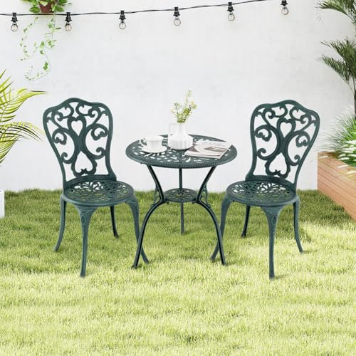 KOMFOTTEU Set da Giardino Esterno in 3 Pezzi in Accaccio, Set da Bistrò con Foro per Ombrellone, Tavolo Portato 90 kg e 2 Sedie Portate 180 kg, Arredamento per Balcone, Patio, Terrazzo (Verde)