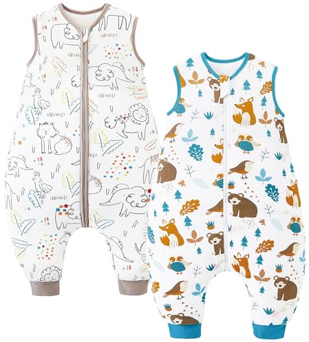 Chilsuessy 2er Pack Baby Schlafsack mit Füßen 2.5 Tog Winter Schlafsack Babyschlafsack mit Beinen Schlafstrampler für Jungen Mädchen, 2.5 Tog/Zoo + Bären, 90cm/Baby Höhe 100-110cm