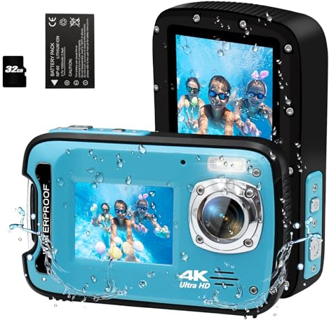 Underwater Camera 17FT 4K 48MP Waterproof Camera for Snorkeling,Dual Screen Auto Focus Digital Camera with 32GB Card,18X Zoom Fill Light Compact Cameras