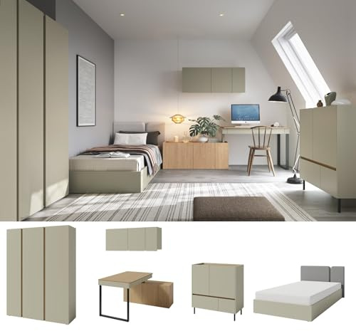 QMM Jugendzimmer Kinderzimmer komplett Laris Set C Schrank 3-türig Kommode Schreibtisch Wandregal Bett 200x120 Farbauswahl (Eukalyptus - Eiche Baltic Dune)