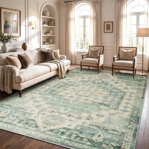 Aspire Homeware Washable Sage Green Rugs Living Room Large 160x230 cm Short Pile Area Rugs for Bedroom Dining Room, Soft Non Slip Carpet for Kids Room Traditional Vintage Design Boho Rug, Ember