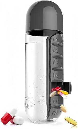 2 in 1 Tragbare Wasserflasche mit Pillenbox Organizer 7 Tage Planer Box Reisemedizin Containers (Schwarz)
