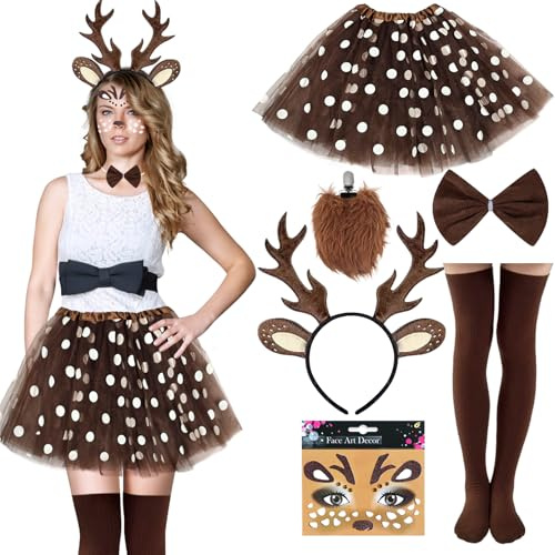ATOWORLD Reh Kostüm Damen mit Brauner Tüllrock Geweih Haarreif Tattoo Socken Bambi Rentier Kostüm Erwachsene Frauen Karneval Kostüm Damen Reh Rehkitz Tütü Rock Braun für Fasching Mottoparty