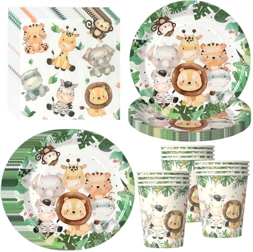 PYAILI 52 Stück Dschungel Safari Partygeschirr für 16 Gäste | Dschungel-Tier-Partygeschirr-Set: Teller, Becher & Servietten – Safari-Deko für Kindergeburtstag