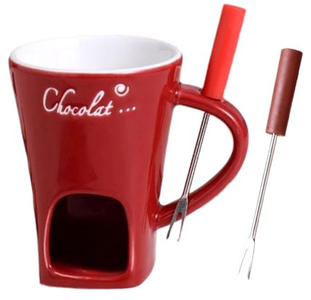 Sharplace Schokoladenfondue-Kerze, Keramik-Schokoladenfondue-Becher, 130 ml Gusseisentopf zum Erhitzen von Schokolade, Butter und Käse, ideal für zu Hause und Partys, Rot mit 2 Gabeln