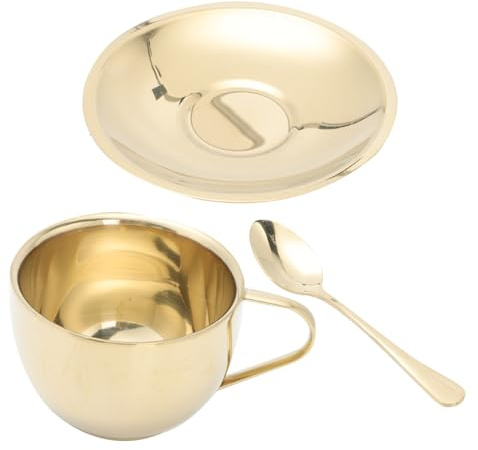 ZUNOXAZ Light-Luxury Coffee Mug Set with Spoon and Dish Glossy Gold Stainless Steel Tea Cup Trio for Milk Latte Cappuccino and Juice Stable Flat Base Stylish Modern Design for Afternoon
