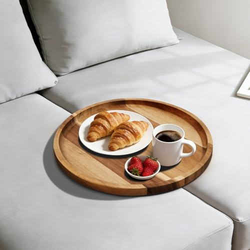 CABALAY Bandeja de sofá de madera de acacia, inserto de mesa plegable para sofá central portátil, bandejas de reposabrazos perfectas para bebidas, aperitivos, teléfono, control remoto (círculo)