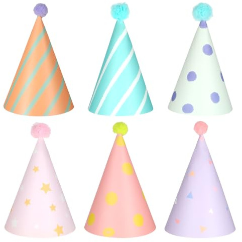 Apausvcm 6 Stück Partyhüte Set Partyhüte für Kuscheltiere Geburtstagshüte für Hunde & Katzen Hundepartyhüte mit Pompons Kleine Party Hüte Kuscheltiere Verstellbarer Mini Katzen Geburtstagspartyhut
