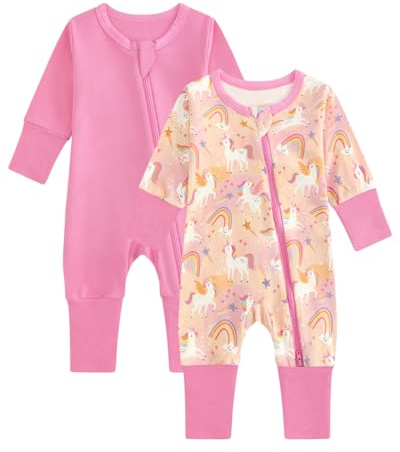 WYTbaby 2er Pack Baby Schlafanzug für Jungen und Mädchen, Baumwolle Kleinkind Strampler mit Reißverschluss und Umklappbaren Fäustlingen Babykleidung 0-24 Monate