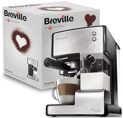 Cafetera para espresso, cappuccino y latte Breville PrimaLatte | Bomba italiana con 15 bar | Adecuado para café molido y monodosis | Depósito para tratamiento de leche integrado | Color Plata