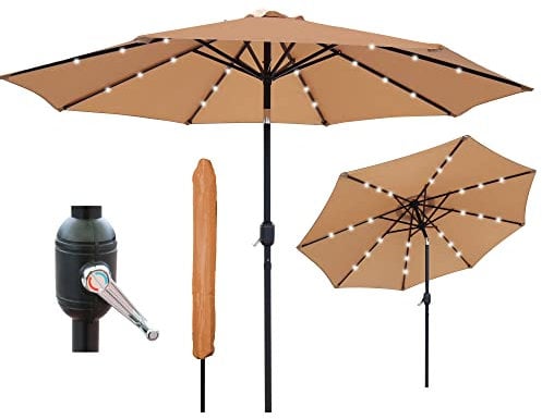 GlamHaus Garden Parasol Solar LED 2.7M,Tilting Table Umbrella with Crank Handle, Protection UV40, Includes Parasol Cover, Gardens and Patios - (Khaki Sand)