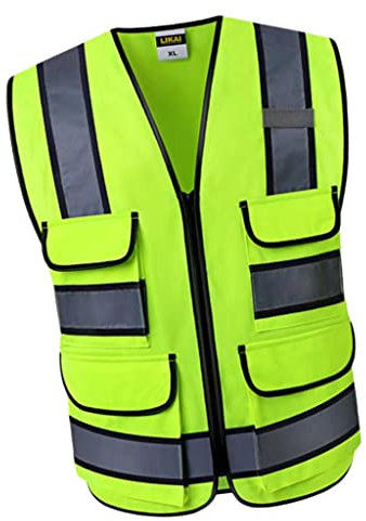 Almencla Warnweste Pannenweste Sicherheitweste Neun Taschen mit Reißverschluss Waschbar 360 Grad Reflektierende Schutz für Handwerker Bauarbeiter - Gelb E