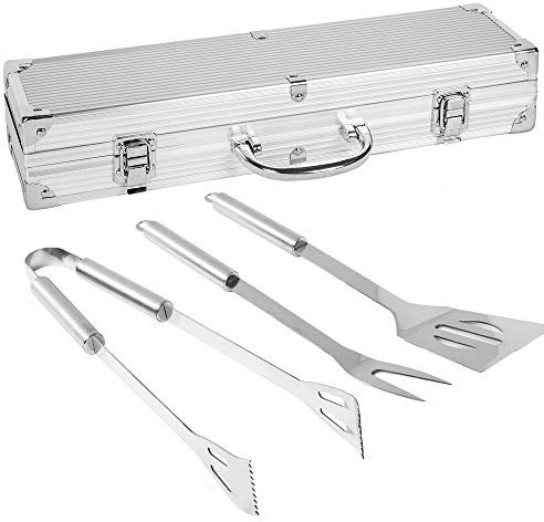 Set de 3 Accesorios de Barbacoa con Caja de Acero Inoxidable de 39x17x10 cm