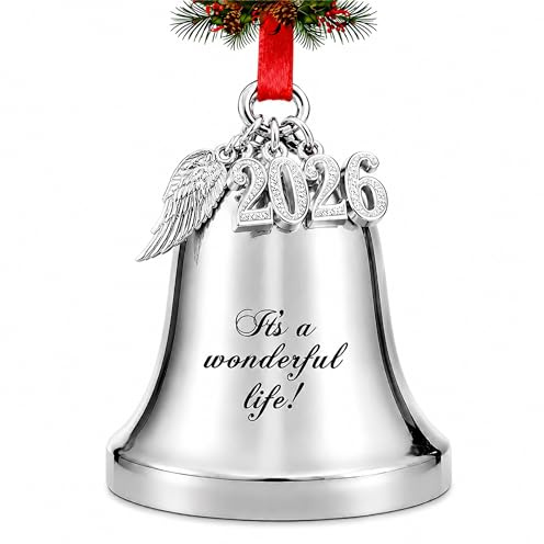 JUPPE 2026 Silver Engraved It's A Wonderful Life Christmas Bell Ornaments for Christmas Tree Wedding Anniversary Decoration Pendants with Angel Wings (Silver Bell)