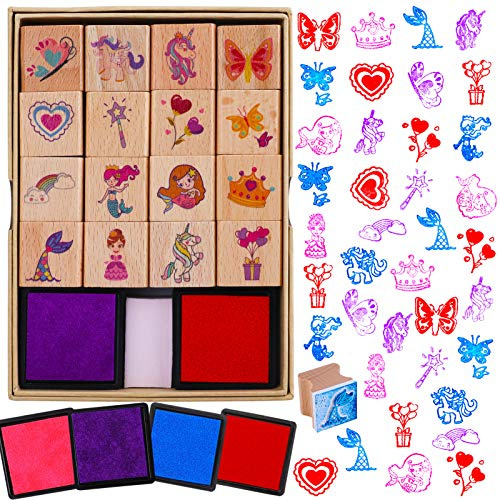 HOWAF 16pcs Hölzern Stempel für Kinder Mädchen Basteln mit Stempelkissen 4pcs, Einhorn Meerjungfrau Prinzessin Herz Regenbogen Schmetterling Stempel für Mädchen DIY Karte Scrapbooking Gastgeschenke