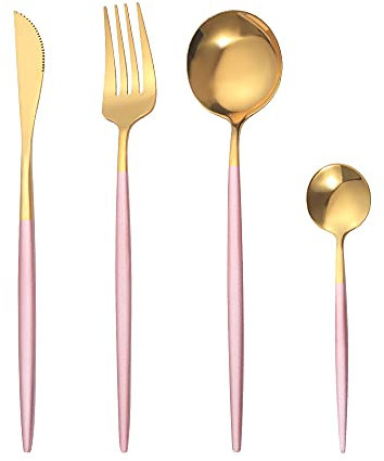 OUQIWEN Juego de cubiertos, 8 piezas juego de cubiertos de acero inoxidable rosa y dorado de, Juego de cubiertos de oro rosa,Incluyendo cuchillo/tenedor/cuchara/cucharadita,para 2 personas